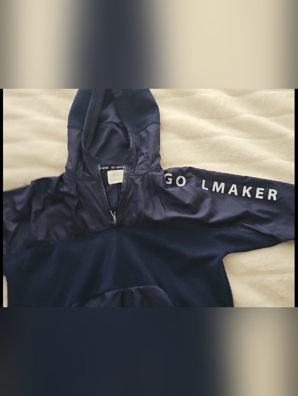 Zara Navy Zip-Up Hooded Jacket with White Sleeve Text. I accept offers.